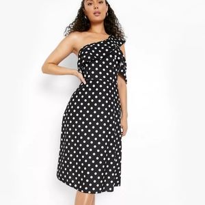 Polka dot asymmetric midi skater dress